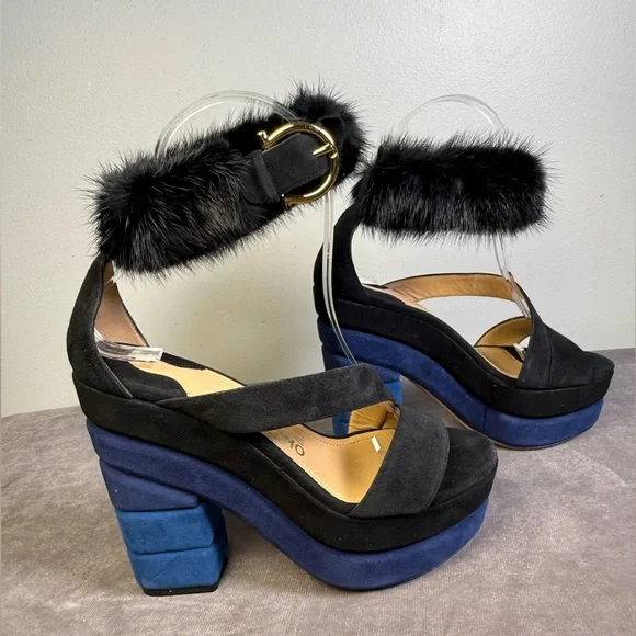 Salvatore Ferragamo suede mink platform sandals color-blocked blue black SIZE 5 - Picture 6 of 14